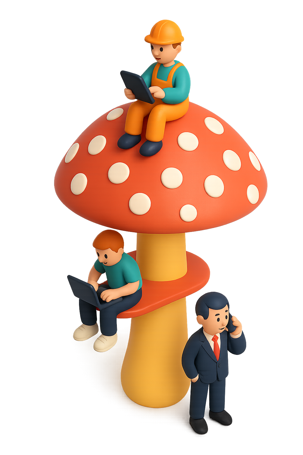 Personas trabajando sobre un hongo 3D